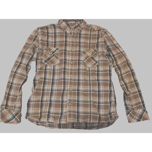 BKE Buckle Men's XL Plaid Pearl Snap Long Sleeve Western Shirt Blue Brown